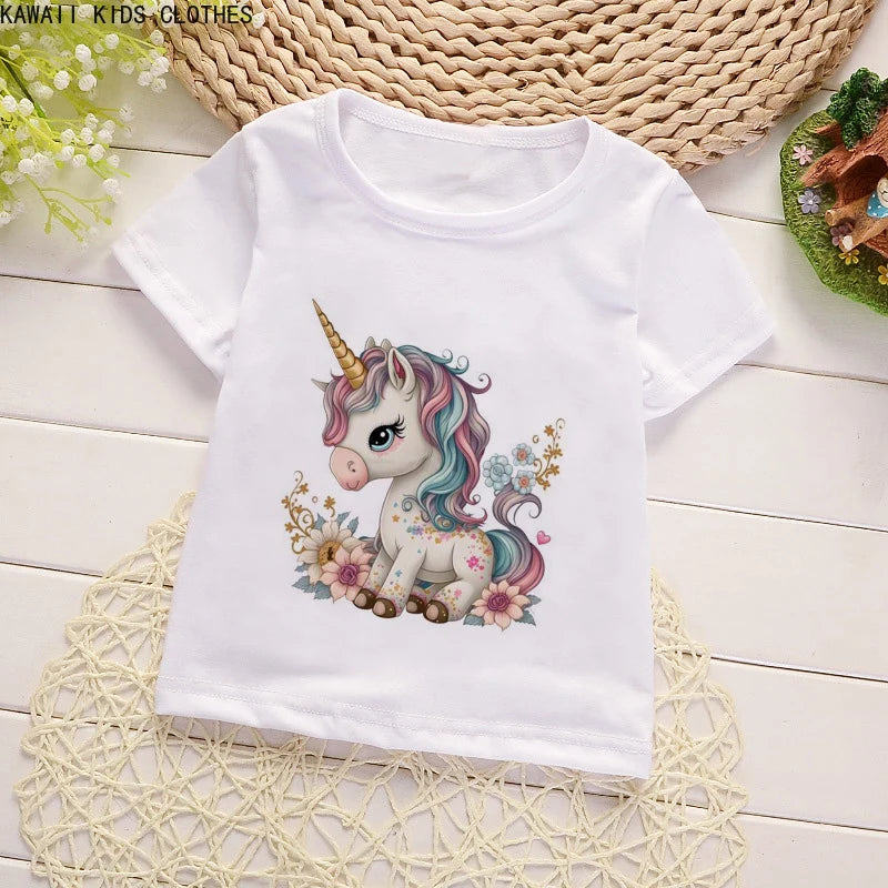 Unicorn Floral Cartoon Printed Girls Summer Tees childrensterritory