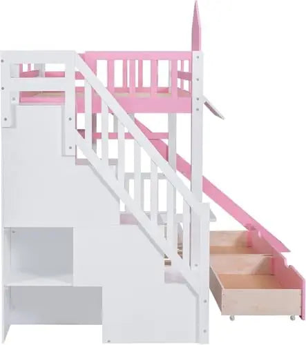 Full-Over-Full Castle Bunk Bed with Slide, Shelves, and Drawers