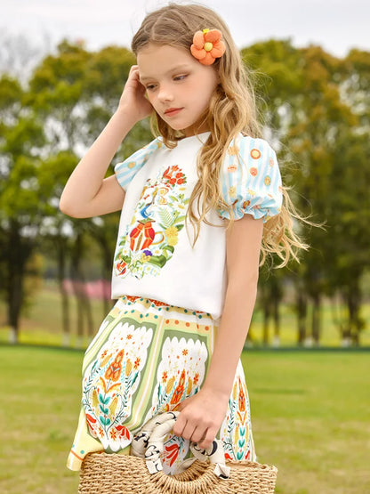 Kids Girls Cartoon Printed Top with Skirt Summer Set childrensterritory