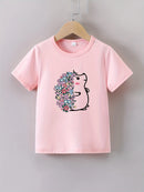 Short Sleeves Crew Neck Flower Printed T-Shirts For Girls childrensterritory