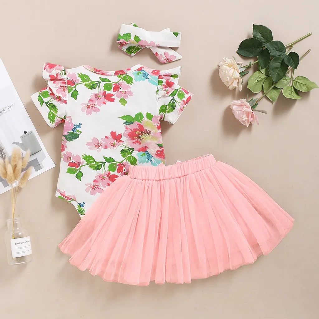 3Pcs Floral Print Romper &amp; Skirt Clothes Set for Baby Girl
