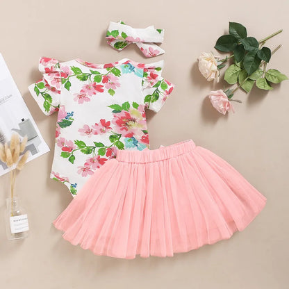 3Pcs Floral Print Romper &amp; Skirt Clothes Set for Baby Girl