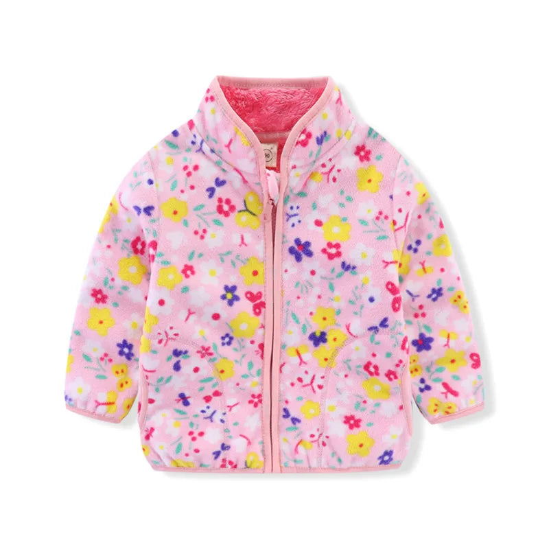 Kids Girls Warm Fleece Flowers Print Zipper Jackets