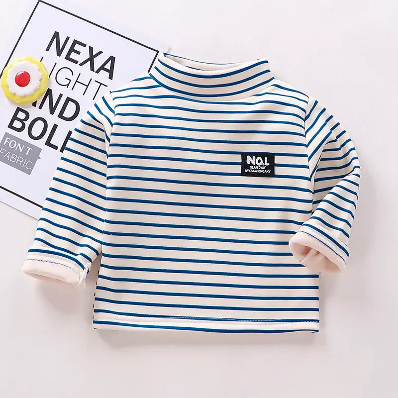 Kids Korean Style Turtleneck Striped Design Velvet Winter T-shirts childrensterritory