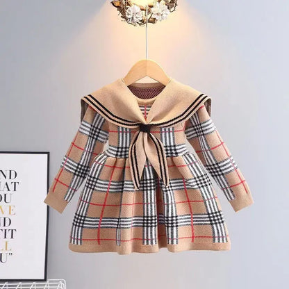 Kids Girl Plaid Knitted Sweater Dress with Bow Military Style