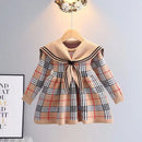 Kids Girl Plaid Knitted Sweater Dress with Bow Military Style