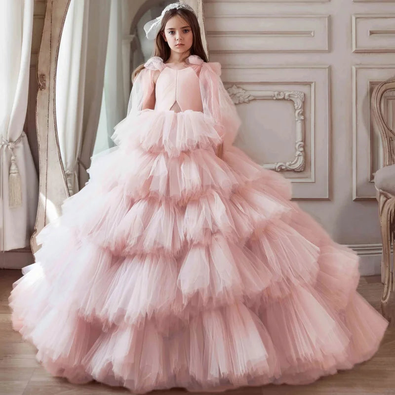 Kids Girls Tiered Tulle Bow Shoulder Design Dresses For Birthday/Prom childrensterritory