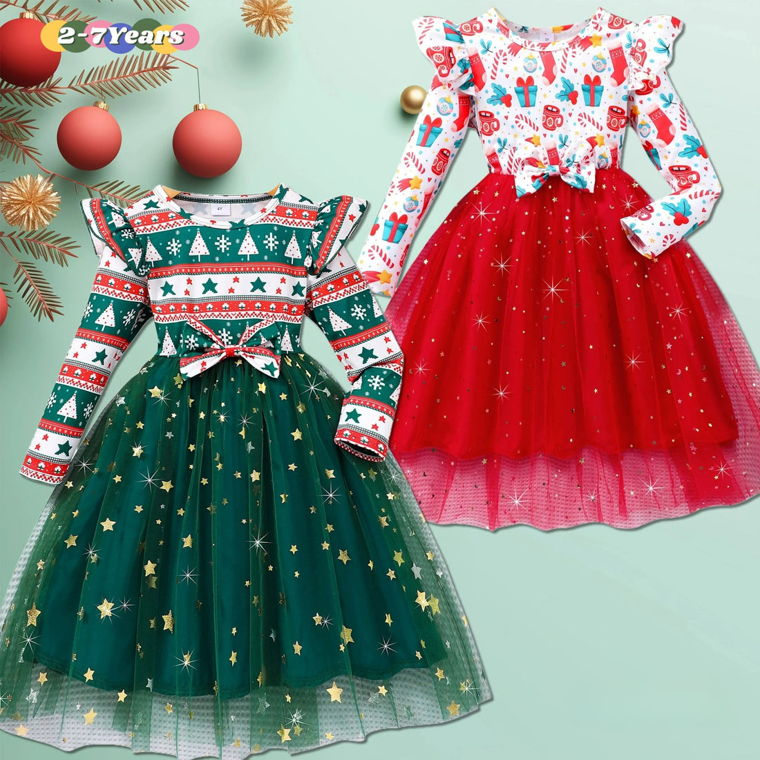 Kids Girls Christmas Style Long Sleeve Party Dresses