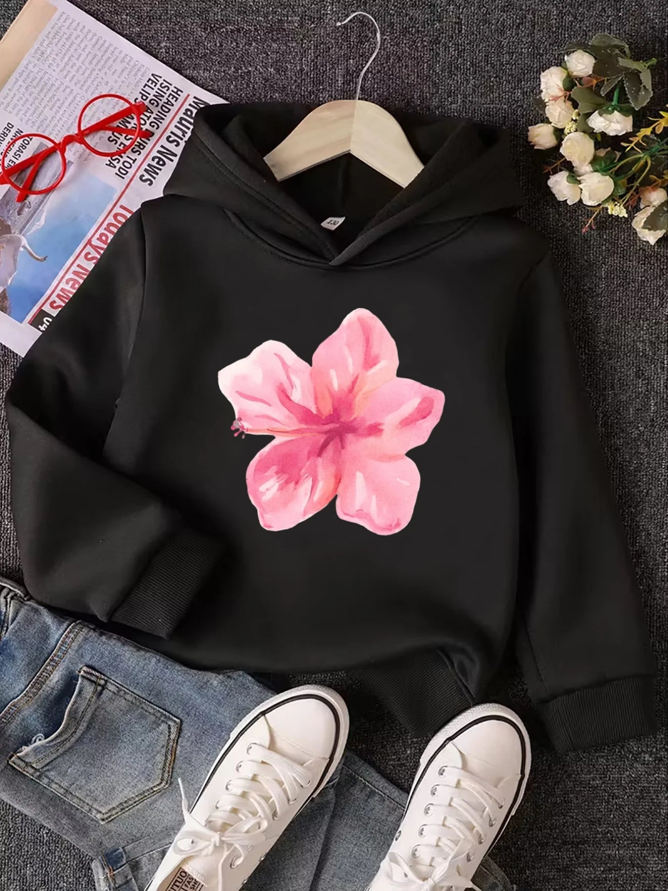 Floral Print Warm Zipper Hoodie for Kids Girls