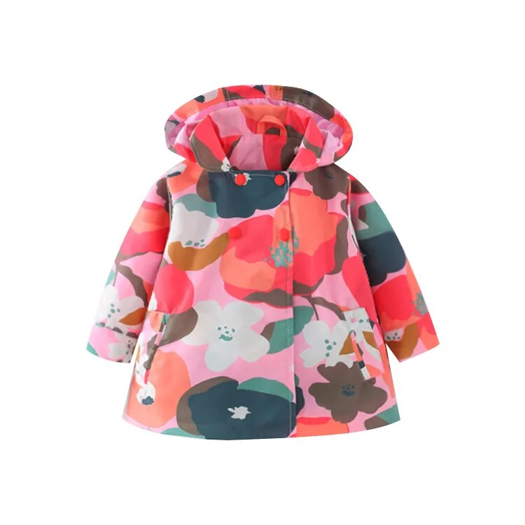 Kids Girl Flowers Cartoon Print Hooded Jackets Windbreaker childrensterritory