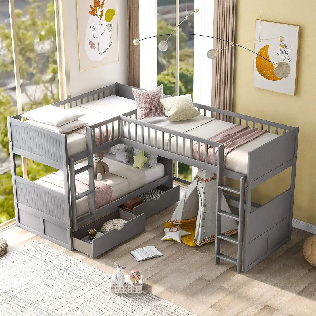 L-shaped Wooden Triple Bunk Bed With a Ladder and Storage Cabinet