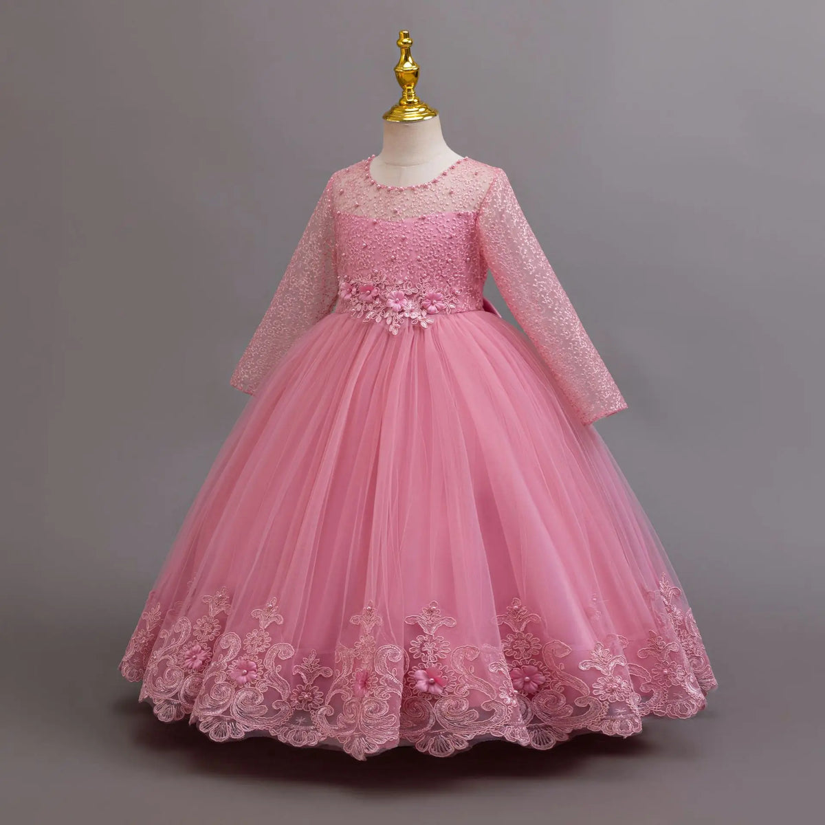 Long Sleeve Flower Design Elegant Dress For Girls childrensterritory