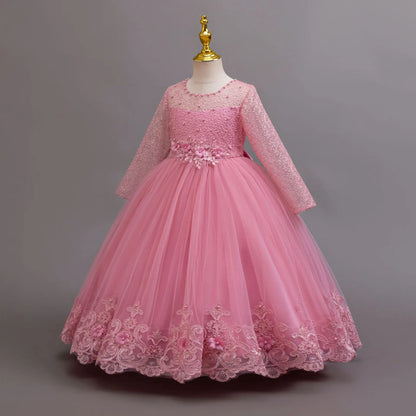 Long Sleeve Flower Design Elegant Dress For Girls childrensterritory