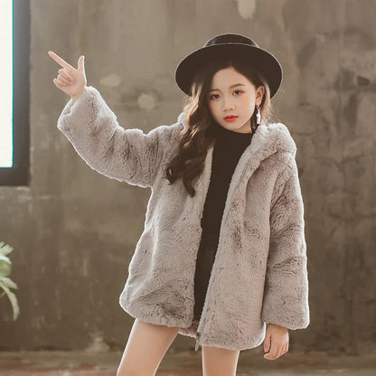 Faux Fur Long Sleeve Hooded Warm Long Coat For Girls childrensterritory