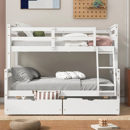 A Twin Over Bunk Bed Featuring Storage Drawers and Ladders