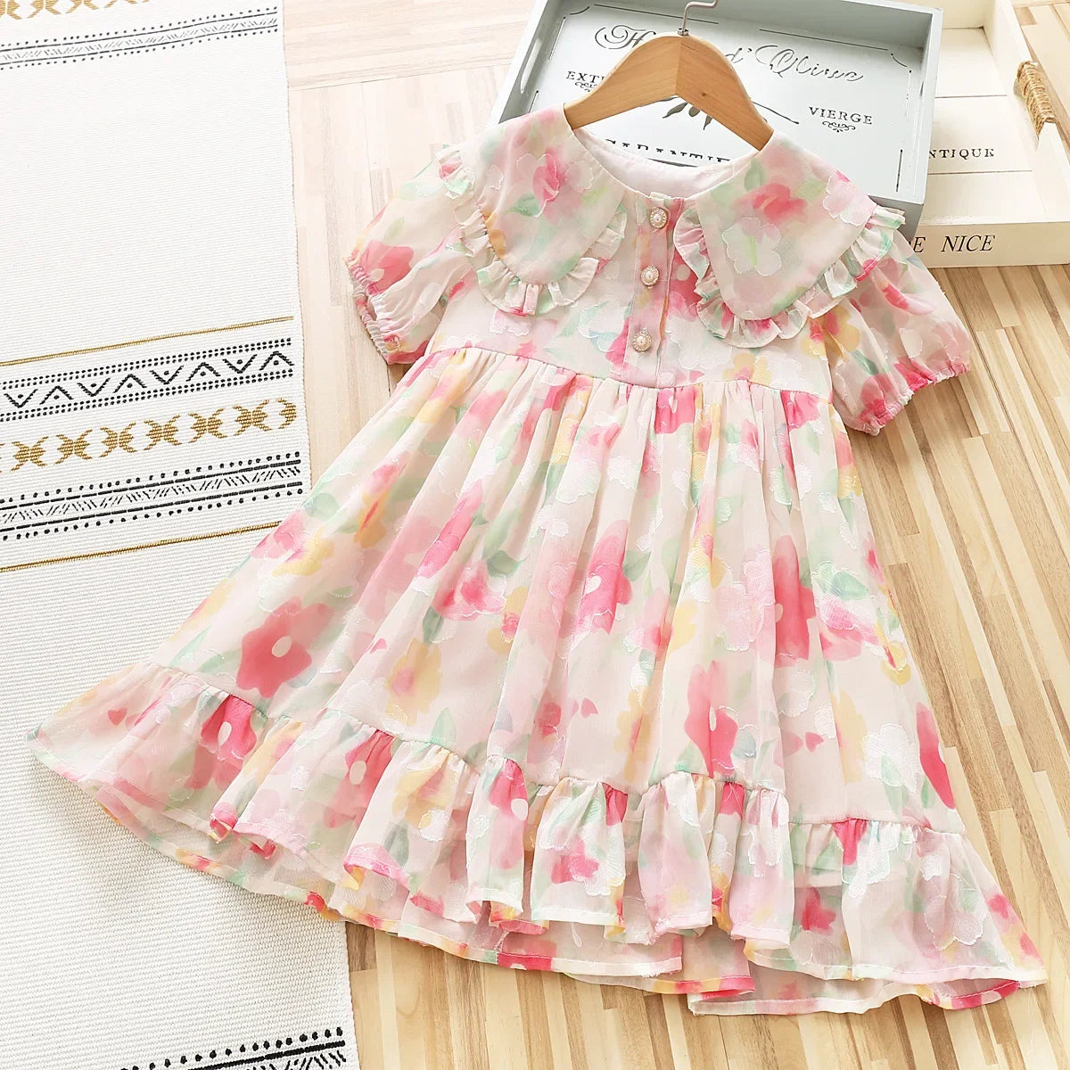 Kids Girl Floral Print Short Sleeve Summer Party Dress
