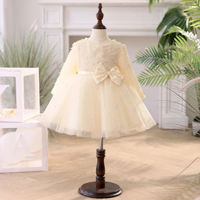Toddler Girl Elegant Lace Bow Design Baptism Dress