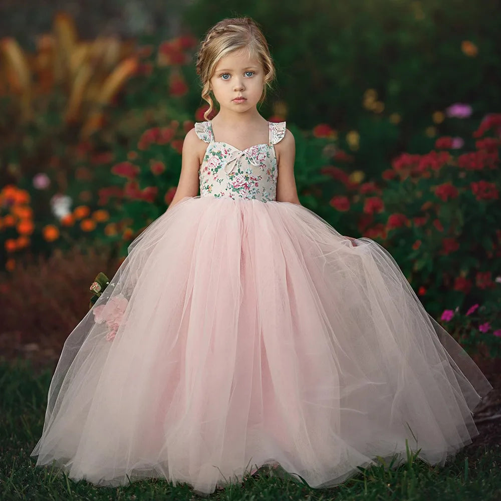 Little Girls Lace Design Fluffy Pink Wedding Party Dress childrensterritory