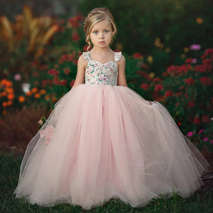 Little Girls Lace Design Fluffy Pink Wedding Party Dress childrensterritory