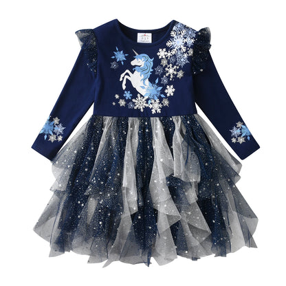 Kids Girls Snowflakes Print Layered Mesh Tulle Princess Dress childrensterritory