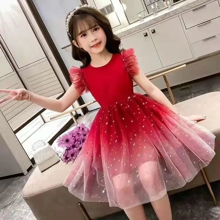 Sleeveless Mesh Lace Layers Star Design Girls Princess Dress