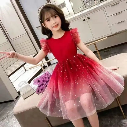 Sleeveless Mesh Lace Layers Star Design Girls Princess Dress