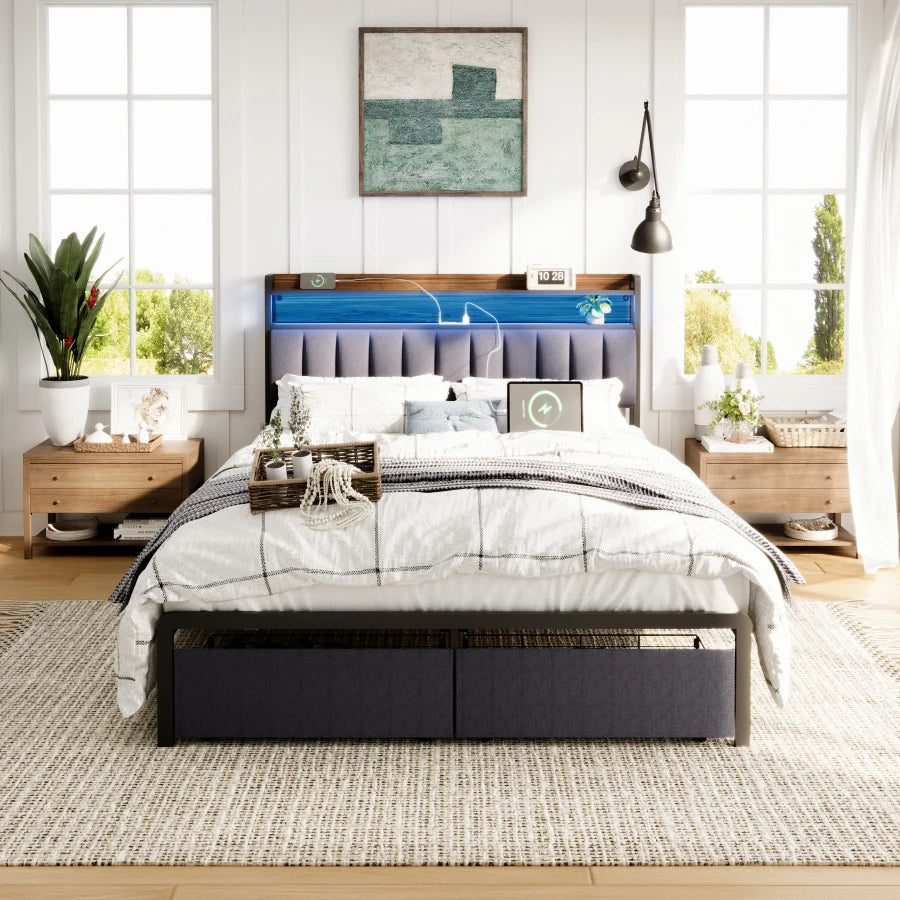 LED Upholstered Bed Frame with Charging Station and Drawers childrensterritory