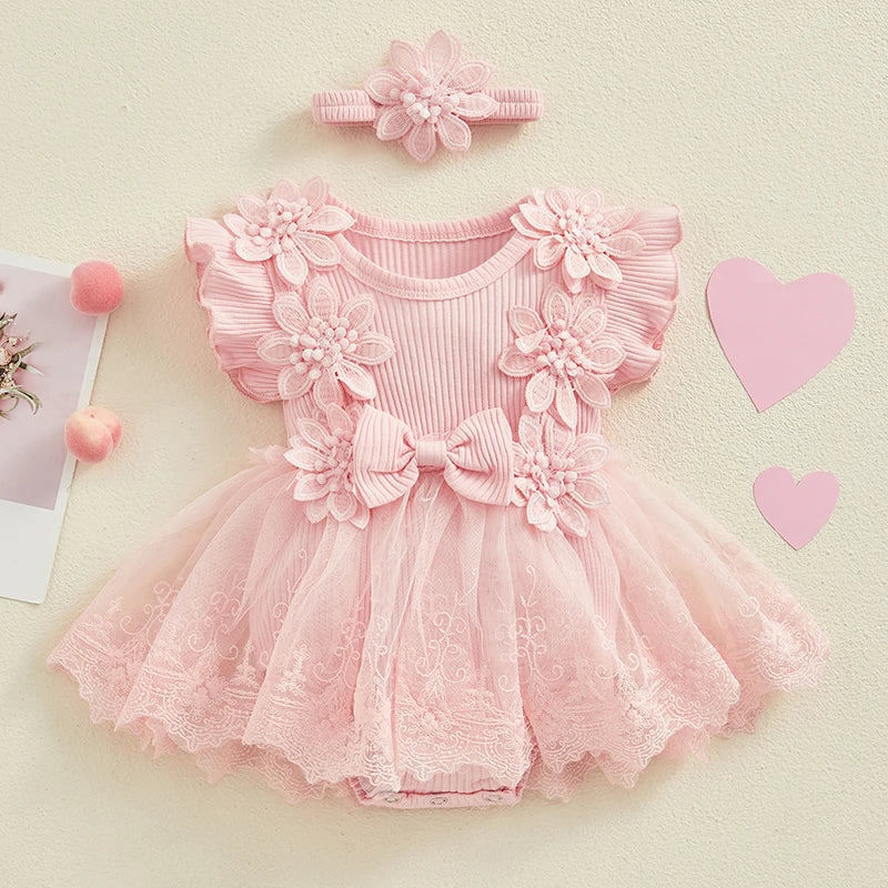 Newborn Girls Patchwork Ruffle Rompers Dress with Headband childrensterritory