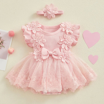 Newborn Girls Patchwork Ruffle Rompers Dress with Headband childrensterritory