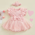 Newborn Girls Patchwork Ruffle Rompers Dress with Headband childrensterritory