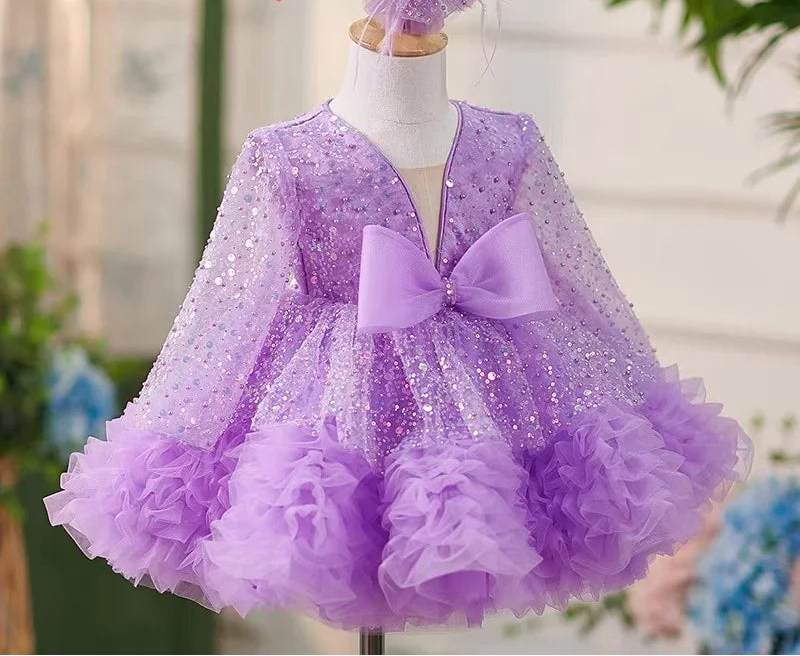 Glitter Sequined Tutu Full Sleeve Tiered Beading Girls Birthday Gowns