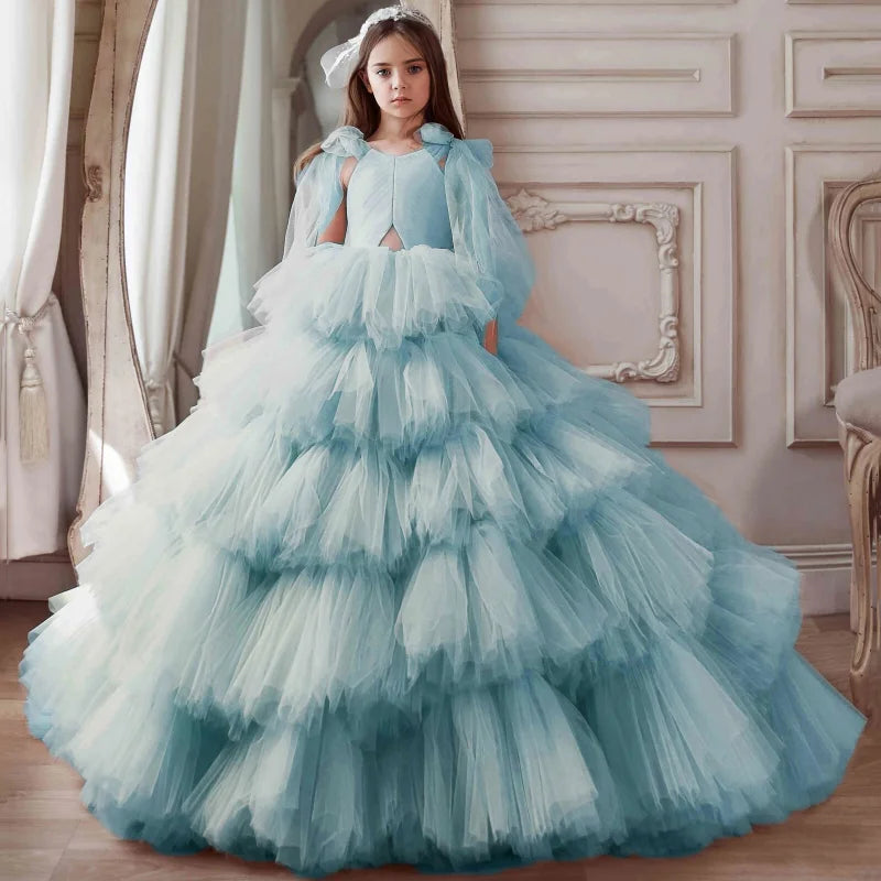 Kids Girls Tiered Tulle Bow Shoulder Design Dresses For Birthday/Prom childrensterritory