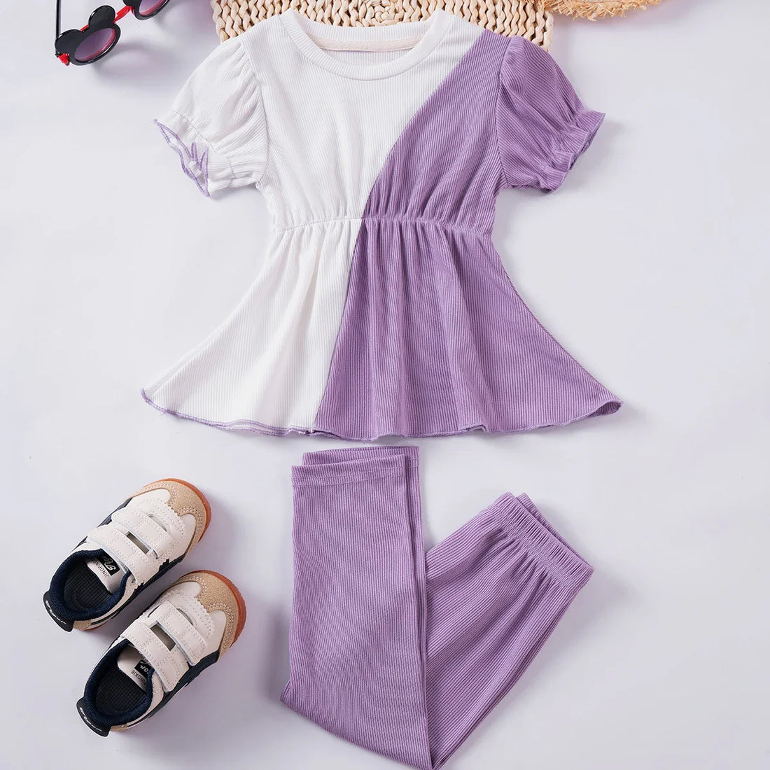 2pcs Color Blocking Top and Pants Girl&