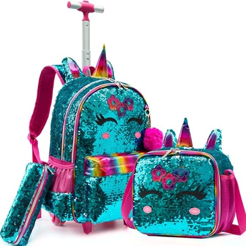Sequin Design 3-in-1 Kids Trolley School Backpack Set for Girls childrensterritory