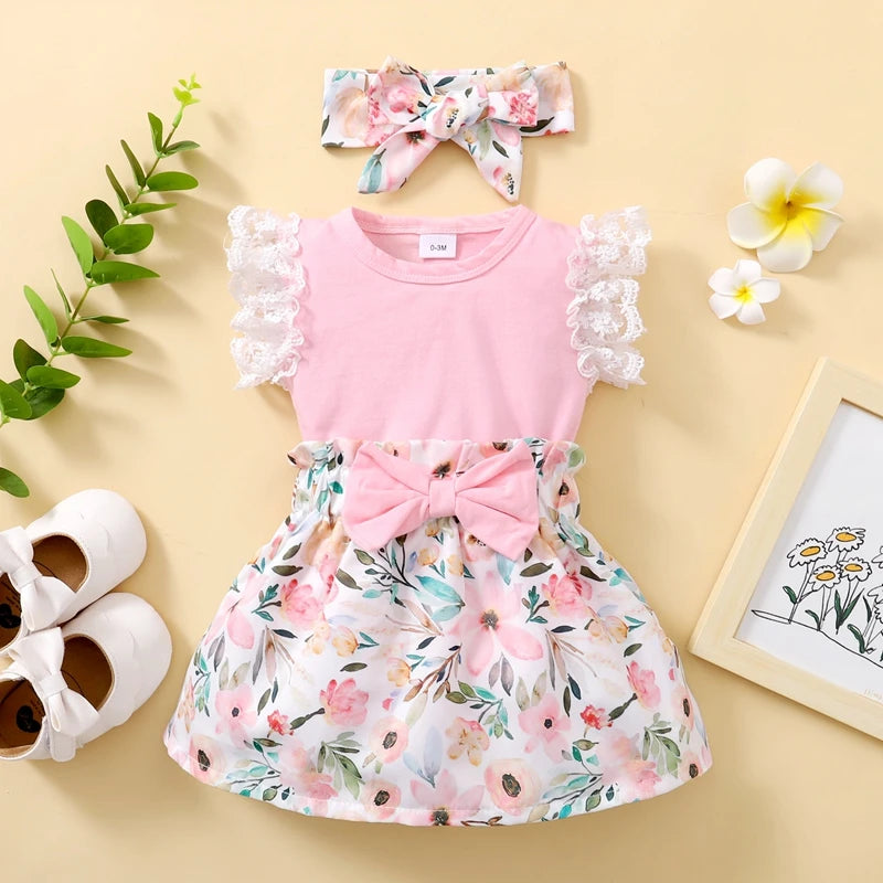 Infant Girl 3-piece Set: Fly-sleeve Romper, Floral Skirt, and Headband childrensterritory