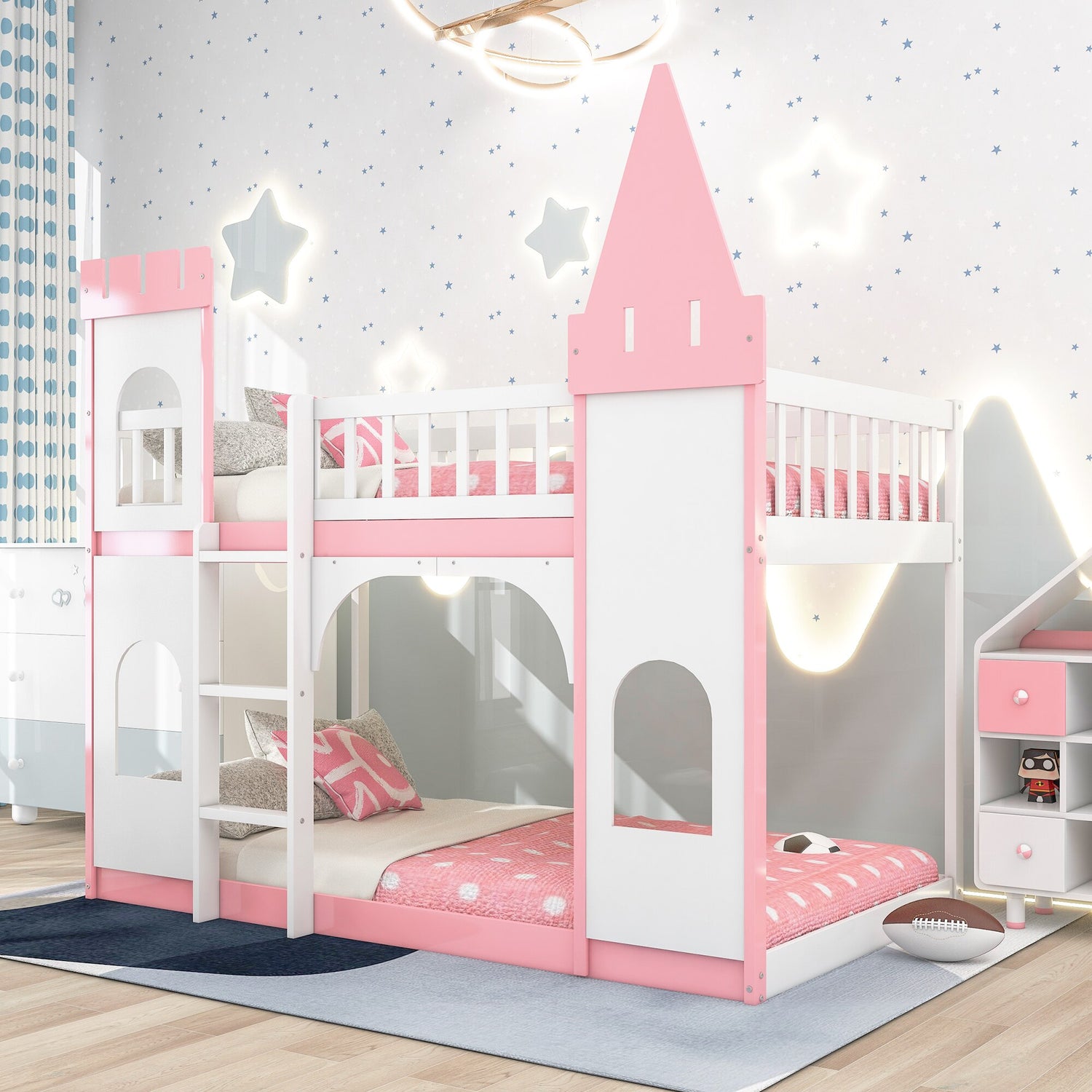 Twin Over Twin Castle Bunk Bed with Ladder childrensterritory
