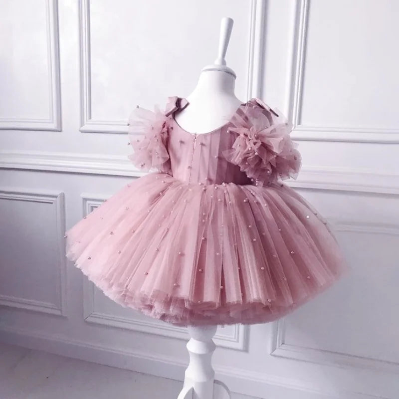 Pearl Mesh Design Tutu Christening Dress for Little Girls