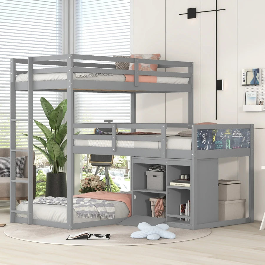 L-shaped Wooden Triple Bunk Bed With a Ladder and Storage Cabinet childrensterritory