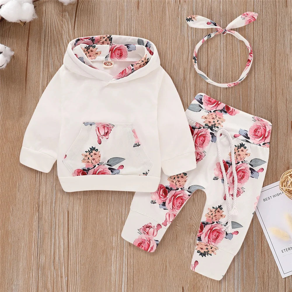 Newborn Baby Girl 3pcs Warm Floral Hooded Outfit Set