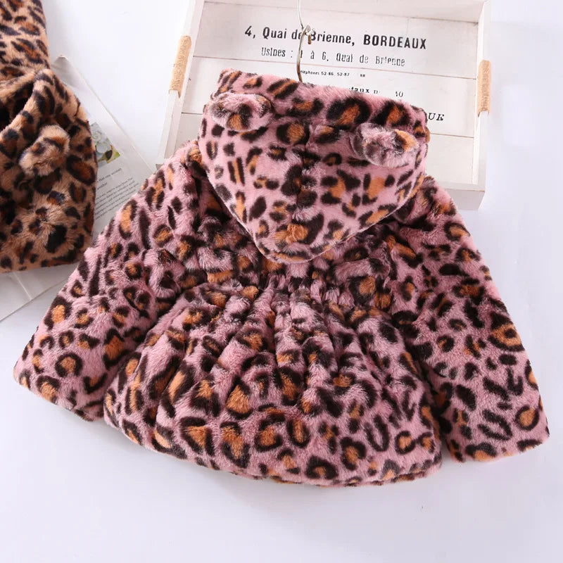 Leopard Print Girls Loose Warm Hooded Jackets childrensterritory