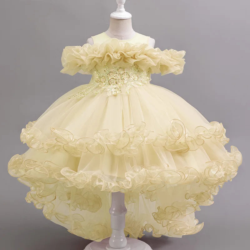 Kids Girls Soft Gauze Solid Color Party Desses with Trailing childrensterritory