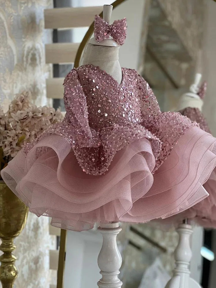 Puffy Glitter Sequined Flower Girl Dress with Detachable Train
