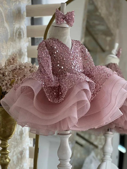 Puffy Glitter Sequined Flower Girl Dress with Detachable Train