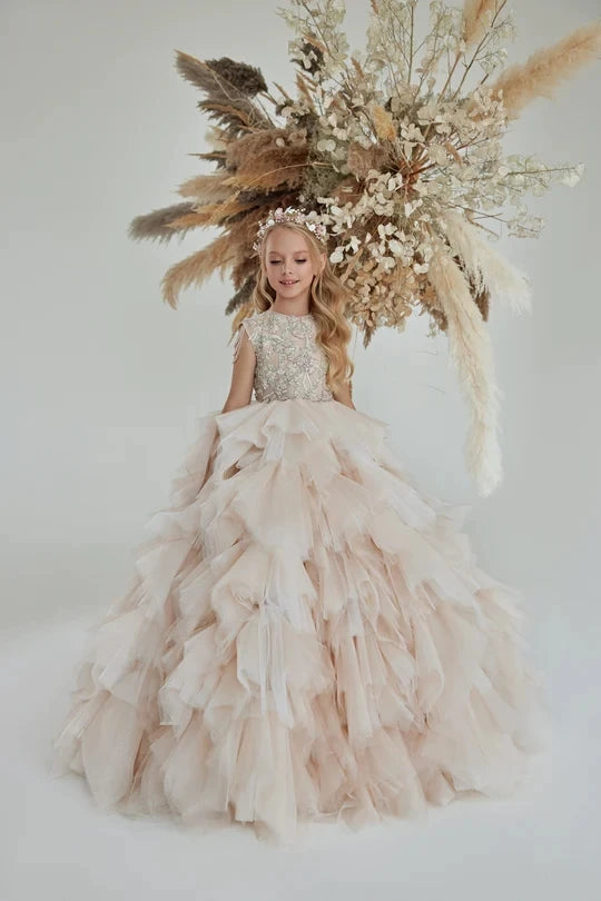 Elegant Kids Girls Tulle Ruffles Beaded Communion Dress childrensterritory