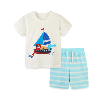 Kids Boat Embroidery Cotton Tees + Shorts Sets for Summer childrensterritory