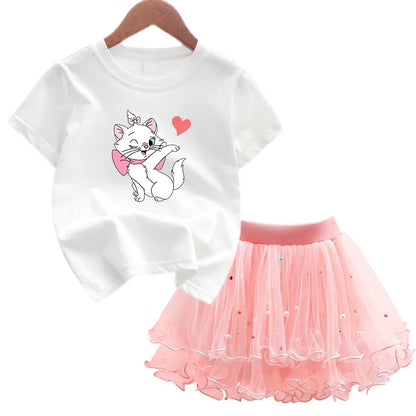 Kids Girls Marie Cat Design Summer T-shirt &amp; Tutu Skirt Set childrensterritory