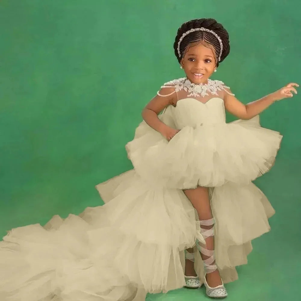 Little Girls Mint Green Tiered High-Low First Communion Gown