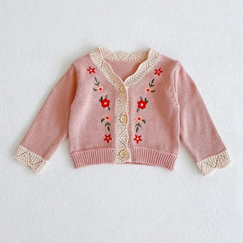 Solid Color Long Sleeve Infant Girls Knitted Cardigans childrensterritory