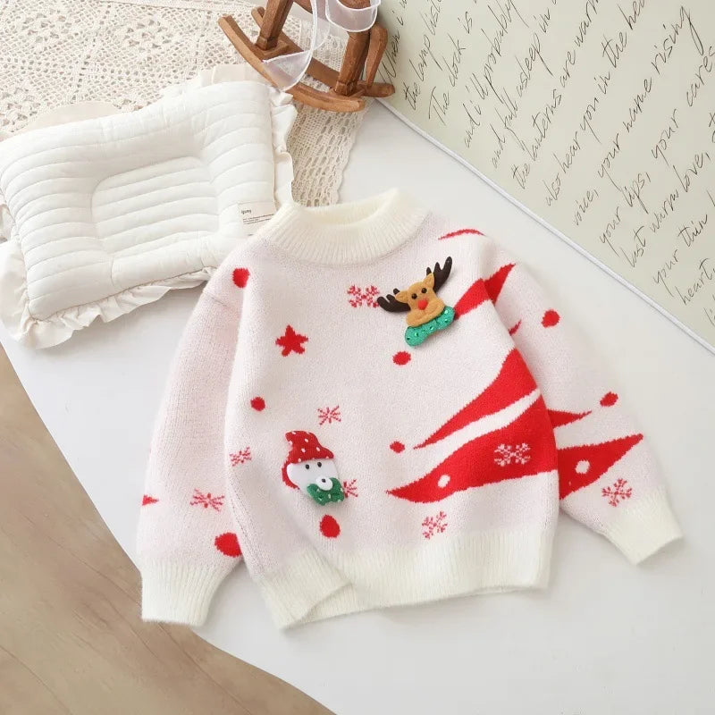 Kids Round Neck Christmas Tree Design Winter Sweater
