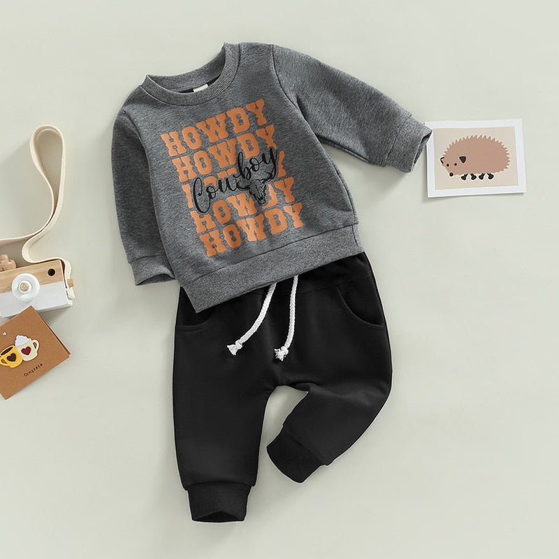 Letter Cow Print Baby Boy Sweatshirt and Trousers Set childrensterritory